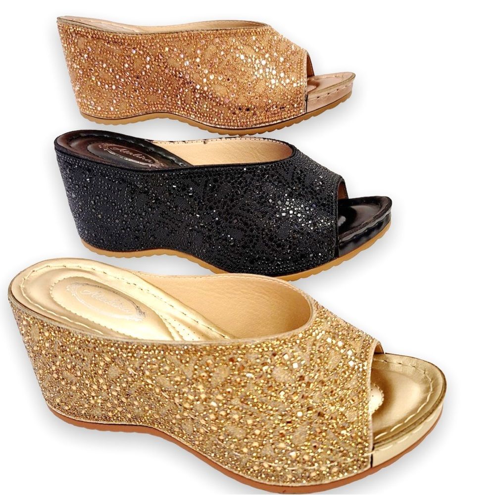 Italina Metallic Sparkly Bright Silver Rhinestone Embellished Heeled Wedge Mule - Picture 7 of 7